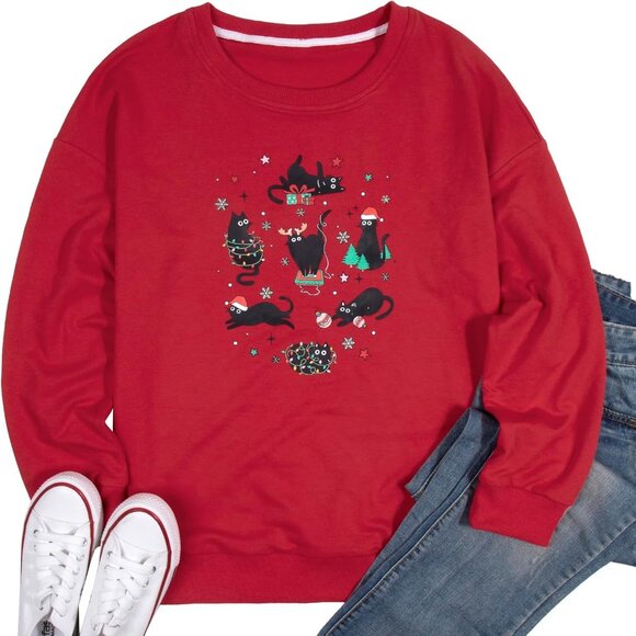 Women's Christmas Sweatshirt Cotton Polyester Spandex Cat Lover Holiday Top - Picture 4 of 6
